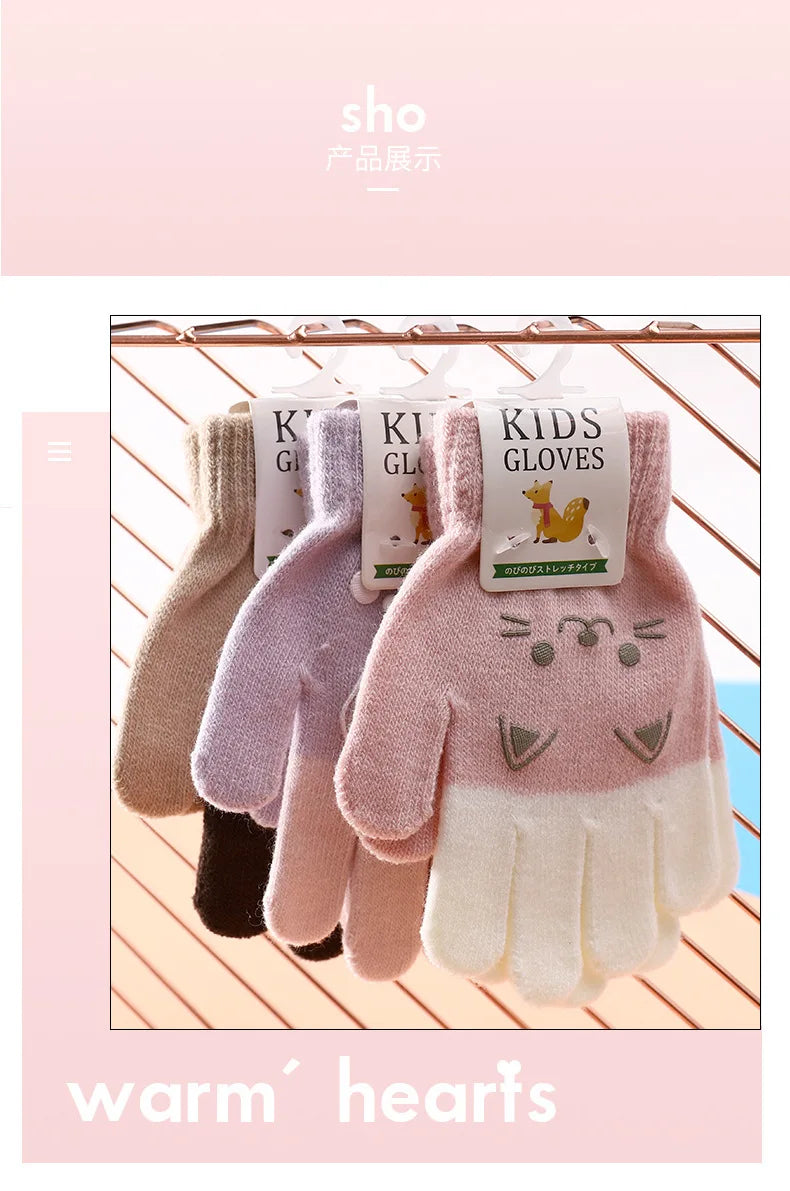 Cartoon Bear Bunny Cat Pattern Glove Winter Warm Gloves Boys Girls Kids Outdoor Playing Winter Gloves for 4-8 Years Old