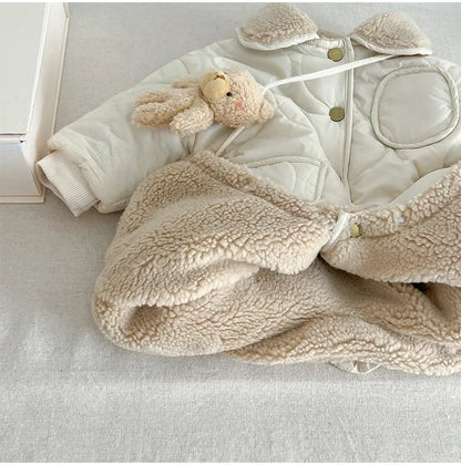 New Baby Winter Romper Lamb Wool Lining Toddler Jumpsuit with Bear Toys Thick Warm Kids Outfit Infant Newborn Boys Girls Clothes