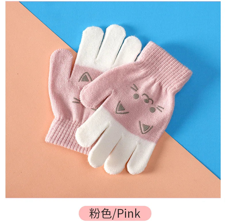 Cartoon Bear Bunny Cat Pattern Glove Winter Warm Gloves Boys Girls Kids Outdoor Playing Winter Gloves for 4-8 Years Old