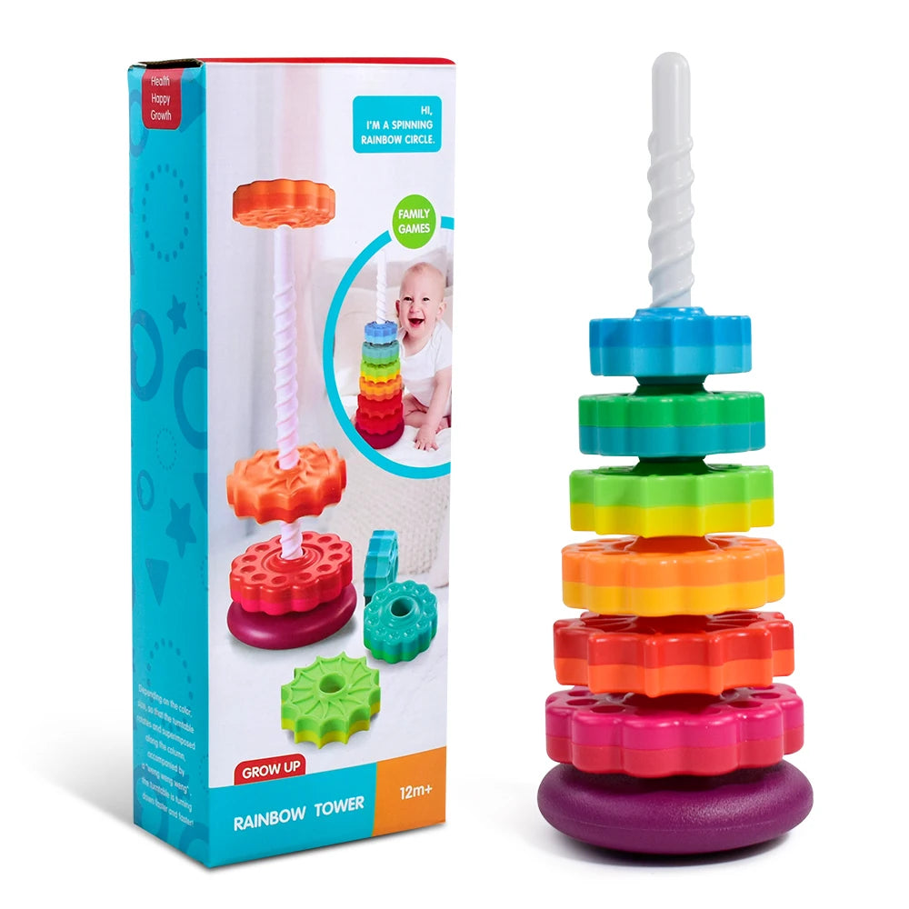 Baby Rotating Rainbow Tower Montessori Baby Stacking Puzzle Toys Safety Early Educational Toy Safety Colored Children's Toys