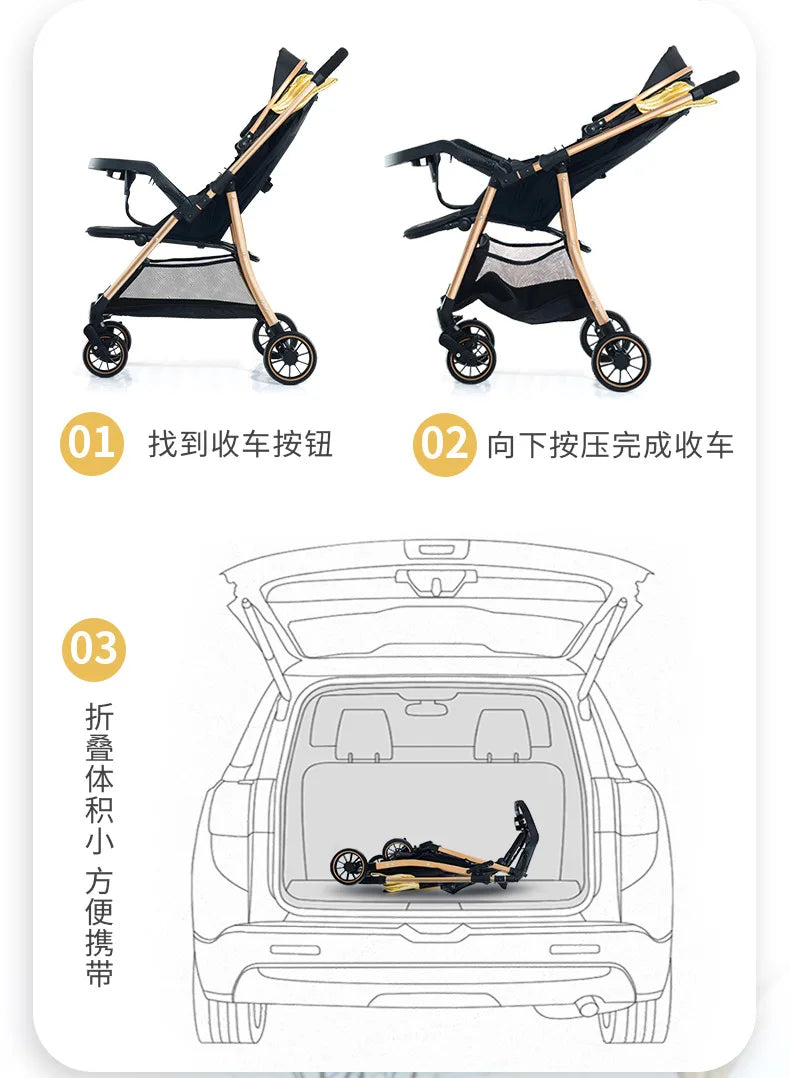 Baby stroller can sit and lie down with one button folding Children's four-wheel stroller is a lightweight handcart