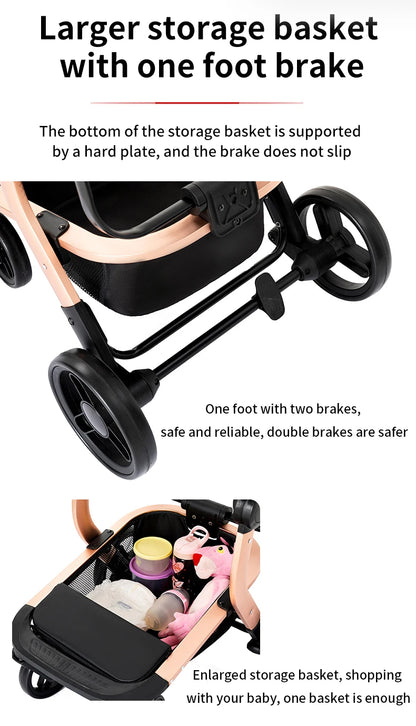 Baby stroller 3 in 1 stroller  Newborn Stroller Baby Carriage High Quality Senior  Baby Portable Rubber Wheel PU leather  Parm