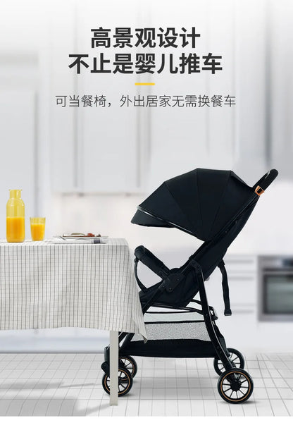 Baby stroller can sit and lie high with a light folding and shock-absorbing stroller for children