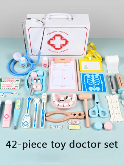 42pcs Kids Doctor Play Set Pretend Doctor's Kit  Role Play Wooden Medical Kit with Stethoscope and Carrying Case Educational Toy