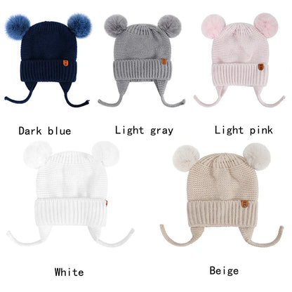 Winter Baby Hat Windproof Toddler Bonnet Cute Pompom Knitted Hats Newborn Beanies Cap Outdoor Warm Infant Accessories 0-2 Years