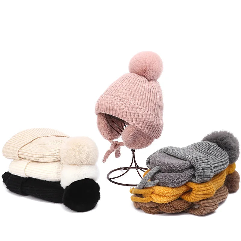 Winter Thick Baby Hat Big Pompom Beanie with Earflap Wool Plush Children Knitted Cap for Girls Boys Warm Kids Accessories 2-8T