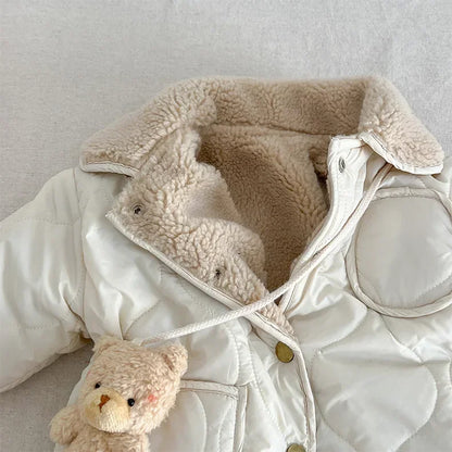 New Baby Winter Romper Lamb Wool Lining Toddler Jumpsuit with Bear Toys Thick Warm Kids Outfit Infant Newborn Boys Girls Clothes