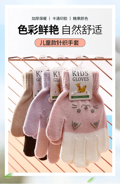 Cartoon Bear Bunny Cat Pattern Glove Winter Warm Gloves Boys Girls Kids Outdoor Playing Winter Gloves for 4-8 Years Old