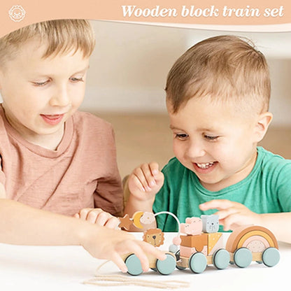 Wooden Montessori Train Set Baby Cartoon Animal Cart Building Blocks Around Bead To Stack Toy Pine Handmade Baby Room Decor Gift