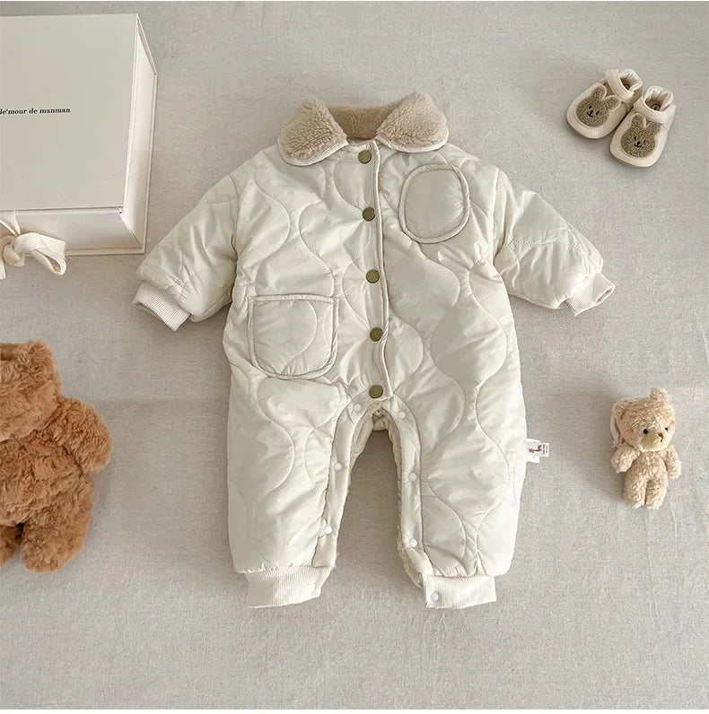 New Baby Winter Romper Lamb Wool Lining Toddler Jumpsuit with Bear Toys Thick Warm Kids Outfit Infant Newborn Boys Girls Clothes