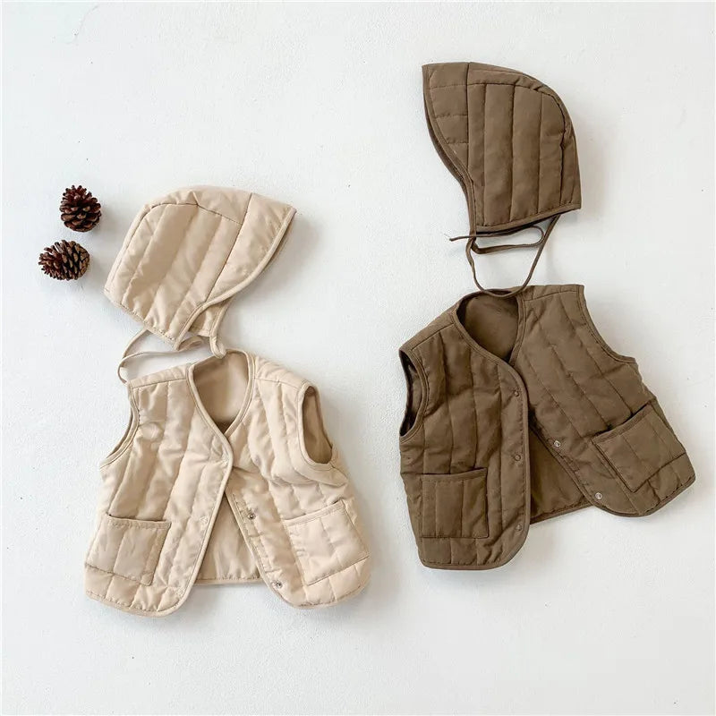 Autumn Winter Baby Vest with Hat  2PCS Warmer Cotton Coat Fashion Korean Kids Waistcoat Outerwear Jackets