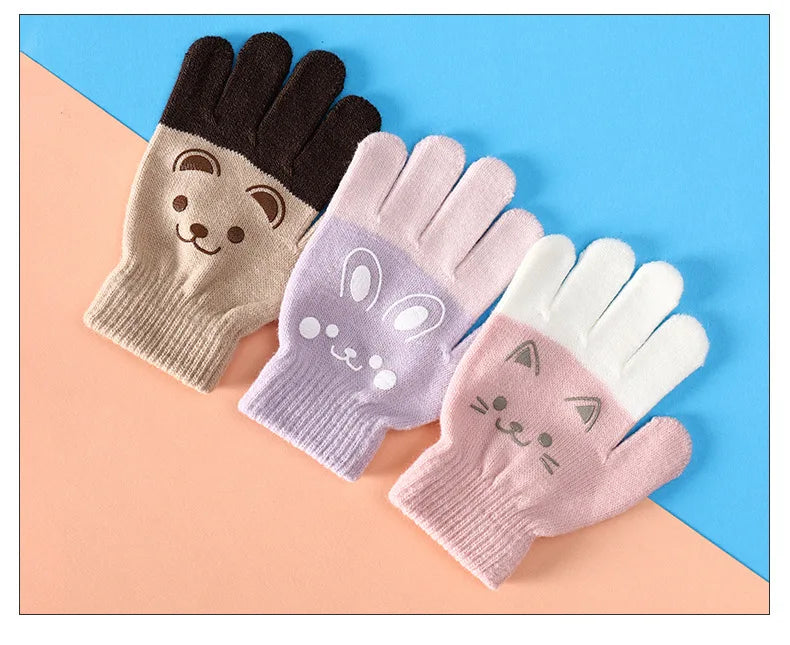 Cartoon Bear Bunny Cat Pattern Glove Winter Warm Gloves Boys Girls Kids Outdoor Playing Winter Gloves for 4-8 Years Old