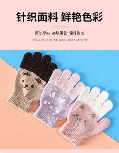 Cartoon Bear Bunny Cat Pattern Glove Winter Warm Gloves Boys Girls Kids Outdoor Playing Winter Gloves for 4-8 Years Old