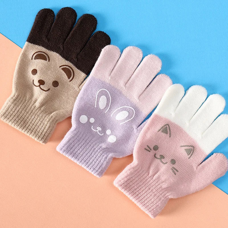 Cartoon Bear Bunny Cat Pattern Glove Winter Warm Gloves Boys Girls Kids Outdoor Playing Winter Gloves for 4-8 Years Old